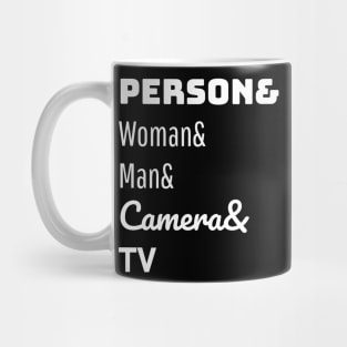 person woman man camera tv Mug